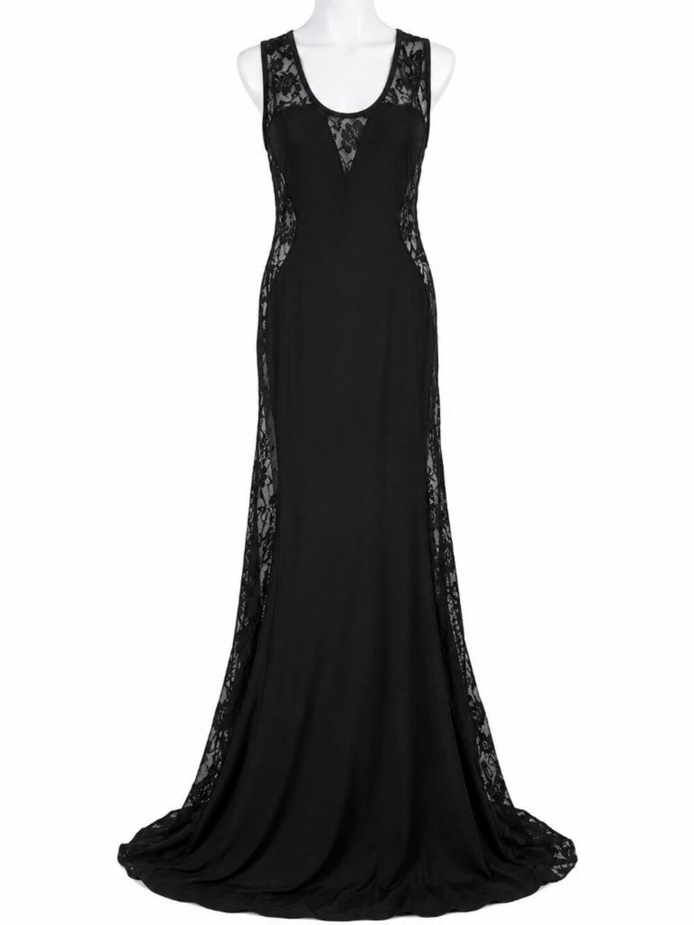Elegant Black Lace Overlay Sleeveless Gown Womens Size Large Scoop Neck Evening